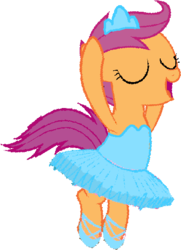 Size: 384x530 | Tagged: safe, artist:angrymetal, scootaloo, pony, g4, 1000 hours in ms paint, arms in the air, ballerina, ballet, ballet slippers, bipedal, clothes, cute, cutealoo, enpointe, eyes closed, female, jewelry, open mouth, scootarina, scootatutu, scootutu, shoes, simple background, skirt, skirtaloo, solo, tiara, transparent background, tutu