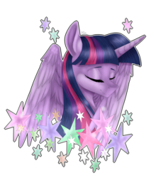 Size: 2837x3230 | Tagged: safe, artist:norrixcurral08, part of a set, twilight sparkle, alicorn, pony, g4, bust, eyes closed, female, high res, portrait, signature, simple background, smiling, solo, stars, transparent background, twilight sparkle (alicorn)