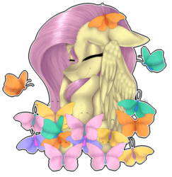 Size: 3043x3133 | Tagged: safe, artist:norrixcurral08, part of a set, fluttershy, butterfly, pegasus, pony, g4, bust, cute, eyes closed, female, floppy ears, high res, hooves to the chest, mare, outline, portrait, shyabetes, signature, simple background, smiling, solo, stray strand, three quarter view, transparent background, white outline