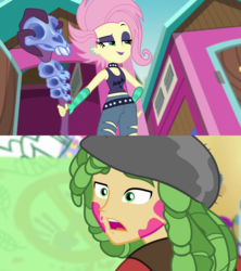 Size: 1920x2160 | Tagged: safe, edit, edited screencap, screencap, fluttershy, sandalwood, a banner day, equestria girls, g4, my little pony equestria girls: choose your own ending, the road less scheduled, the road less scheduled: fluttershy, clothes, female, flutterpunk, male, midriff, reaction, sandalshy, shipping, shipping domino, straight, tank top