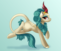 Size: 6000x5000 | Tagged: safe, artist:lavenderheartsmlp, rain shine, kirin, absurd resolution, blue background, cute, female, galloping, heart eyes, profile, shineabetes, signature, simple background, smiling, solo, split hooves, wingding eyes