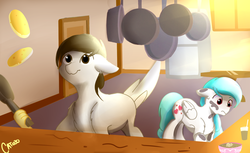 Size: 1840x1125 | Tagged: safe, artist:cottonheart05, oc, oc:cotton heart, hippogriff, pegasus, pony, cooking, couple, female, food, funny, juice, love, male, pancakes, shipping