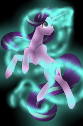 Size: 2688x4104 | Tagged: safe, artist:wixi2000, starlight glimmer, pony, unicorn, g4, black background, cutie mark, eye reflection, female, floating, glowing horn, horn, long mane, long tail, magic, mare, reflection, request, simple background, smiling, solo