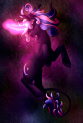 Size: 1326x1960 | Tagged: safe, artist:wixi2000, oc, oc only, oc:diamond dust, pony, unicorn, body markings, cloven hooves, contest entry, curved horn, cutie mark, eyes closed, female, glowing horn, horn, leonine tail, mare, smiling, solo, space, stars, windswept mane