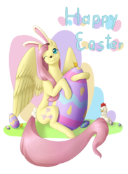 Size: 2675x3649 | Tagged: safe, artist:wixi2000, angel bunny, fluttershy, bird, chicken, pegasus, pony, rabbit, g4, angel bunny is not amused, animal, bunny ears, bunnyshy, chick, clothes, costume, cute, cutie mark, easter, easter egg, female, floppy ears, high res, holiday, looking at you, male, mare, one eye closed, simple background, sitting, spread wings, transparent background, unamused, wings