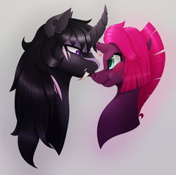 Size: 2480x2474 | Tagged: safe, artist:wixi2000, fizzlepop berrytwist, tempest shadow, oc, oc:dark, original species, pony, g4, alternate hairstyle, blushing, blushing profusely, broken horn, bust, canon x oc, coat markings, commission, curved horn, fangs, female, gray background, heart, high res, horn, looking at each other, male, mare, profile, scrunchy face, simple background, smiling, stallion, straight