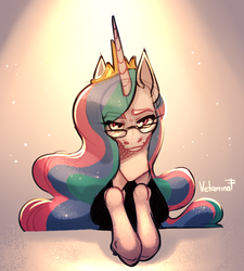 Size: 921x1022 | Tagged: safe, artist:ink_architect, princess celestia, pony, g4, abstract background, business suit, clothes, ethereal mane, eye clipping through hair, eyebrows, eyebrows visible through hair, female, glasses, jewelry, looking at you, mare, raised eyebrow, solo, sparkles, starry mane, suit, tiara