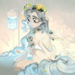 Size: 1280x1280 | Tagged: safe, artist:ink_architect, oc, oc only, fish, pegasus, pony, abstract background, bandage, bandaged wing, berry, colored wings, colored wingtips, commission, dock, ear fluff, ethereal mane, face mask, female, floppy ears, floral head wreath, flower, flower in hair, fruit, iv drip, mare, mask, sick, sitting, solo, starry mane, surreal, water, wings