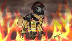 Size: 5760x3300 | Tagged: safe, artist:xeirla, oc, oc:rough seas, earth pony, pony, boots, fire, firefighter, firefighter helmet, helmet, mask, shoes, smoke