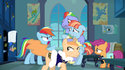 Size: 1280x720 | Tagged: safe, artist:kayman13, edit, screencap, bow hothoof, rainbow dash, scootaloo, windy whistles, pony, g4, parental glideance, angry, bully, bully (video game), clothes, jimmy hopkins, locker room, looking back, ponified, ready to fight, sad, shocked, tearjerker, window