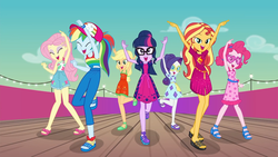 Size: 1920x1080 | Tagged: safe, screencap, applejack, fluttershy, pinkie pie, rainbow dash, rarity, sci-twi, sunset shimmer, twilight sparkle, equestria girls, equestria girls series, g4, i'm on a yacht, spoiler:eqg series (season 2), armpits, arms in the air, baseball cap, cap, clenched fist, clothes, dancing, dress, female, geode of empathy, geode of fauna, geode of shielding, geode of sugar bombs, geode of super speed, geode of super strength, geode of telekinesis, glasses, hands in the air, happy, hat, heart shaped glasses, humane five, humane seven, humane six, legs, lidded eyes, looking at you, magical geodes, midriff, pointing, sandals, shirt, shorts, skirt, sleeveless, sleeveless dress, sleeveless shirt, smiling, sunglasses, tank top