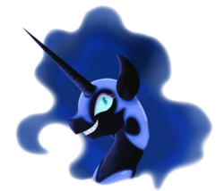 Size: 2237x1919 | Tagged: safe, artist:tonyseil, nightmare moon, pony, g4, bust, crazy face, ethereal mane, faic, female, grin, helmet, horn, jewelry, long horn, looking at you, mare, regalia, sharp teeth, simple background, smiling, solo, starry mane, teeth, transparent background