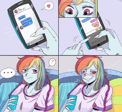 Size: 2048x1873 | Tagged: safe, artist:phattaraphorn_1, artist:tar, pinkie pie, rainbow dash, equestria girls, g4, bed, blushing, cellphone, chat, clothes, comic, confused, delayed reaction, female, heart, lesbian, looking at you, phone, pillow, ship:pinkiedash, shipping, shirt, smiling, t-shirt, text