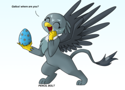 Size: 2432x1752 | Tagged: safe, artist:pencil bolt, gabby, griffon, bipedal, egg, eyes closed, female, griffon egg, hand, implied gabbus, implied gallus, implied shipping, implied straight, male, parent:gabby, parent:gallus, parents:gabbus, simple background, smiling, solo, standing, white background, wings