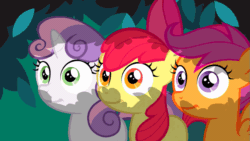 Size: 853x480 | Tagged: safe, screencap, apple bloom, scootaloo, sweetie belle, earth pony, pegasus, pony, unicorn, g4, hearts and hooves day (episode), animated, apple bloom's bow, bow, cutie mark crusaders, female, gif, hair bow