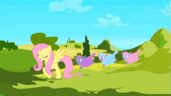 Size: 853x480 | Tagged: safe, screencap, fluttershy, pegasus, pony, sheep, g4, the crystal empire, animated, bipedal, cute, female, gif, mare, shyabetes, skipping, tiny ewes