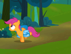 Size: 715x540 | Tagged: safe, screencap, scootaloo, pegasus, pony, g4, season 3, sleepless in ponyville, animated, butt, female, filly, foal, gif, plot, saddle bag, scootabutt, sleeping bag, solo, tree