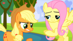 Size: 960x540 | Tagged: safe, screencap, applejack, fluttershy, earth pony, pegasus, pony, g4, keep calm and flutter on, animated, female, gif