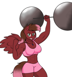 Size: 779x831 | Tagged: safe, artist:matchstickman, oc, oc only, oc:masquerade, pegasus, anthro, abs, anthro oc, armpits, barbell, biceps, breasts, clothes, female, flexing, jewelry, looking at you, mare, muscles, necklace, simple background, solo, sports bra, strong, weight lifting, weights, white background