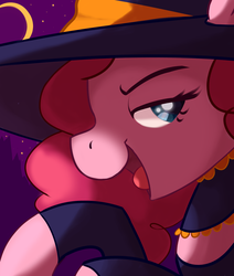 Size: 2200x2600 | Tagged: safe, artist:mazzianz, pinkie pie, earth pony, pony, g4, clothes, collar, costume, crescent moon, female, halloween, halloween costume, hat, high res, holiday, lidded eyes, mare, moon, night, open mouth, profile, solo, stars, witch, witch hat