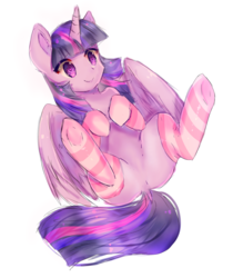 Size: 1342x1598 | Tagged: safe, artist:kinnachan456, twilight sparkle, alicorn, pony, g4, clothes, cute, featureless crotch, female, mare, on back, simple background, socks, solo, striped socks, twiabetes, twilight sparkle (alicorn), white background