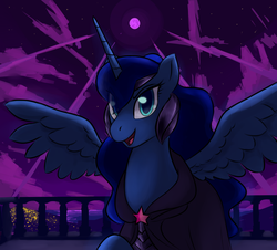 Size: 3012x2725 | Tagged: safe, artist:mazzianz, idw, princess luna, alicorn, pony, g4, nightmare knights, spoiler:comic, armor, balcony, cloak, clothes, comic, costume, disguise, female, helmet, high res, looking at you, mare, night, open mouth, raised hoof, solo, spread wings, starry night terror, stars, wings