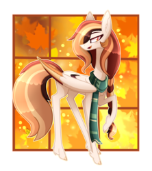 Size: 1872x2105 | Tagged: safe, artist:sugaryicecreammlp, oc, oc only, oc:autumn wish, pegasus, pony, clothes, colored wings, female, leaves, mare, multicolored wings, scarf, solo, wings
