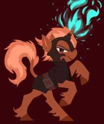 Size: 2100x2500 | Tagged: safe, artist:mazzianz, oc, oc only, pony, unicorn, alternate universe, belt, clothes, glowing horn, helmet, high res, horn, knight, leonine tail, looking at you, mage, profile, rearing, red background, simple background, smiling, smirk, solo, unshorn fetlocks