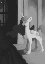 Size: 1000x1400 | Tagged: safe, artist:mazzianz, princess luna, alicorn, pony, g4, crescent moon, cutie mark, female, frown, grayscale, lidded eyes, mare, missing accessory, monochrome, moon, palace, solo, stairs, window