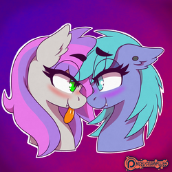 Size: 5080x5080 | Tagged: safe, artist:niggerdrawfag, oc, oc only, oc:windseeker, pony, blushing, bust, commission, cute, cute little fangs, duo, ear fluff, ear piercing, eye contact, fangs, female, looking at each other, mare, outline, patreon, patreon logo, piercing, slit pupils, tongue out