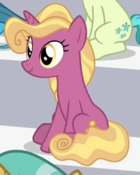 Size: 688x862 | Tagged: safe, screencap, citrine spark, fire flicker, gallus, sandbar, pony, unicorn, 2 4 6 greaaat, g4, background pony, cropped, female, friendship student, mare, offscreen character, sitting, smiling, solo focus