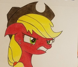 Size: 1614x1399 | Tagged: safe, artist:polar_storm, applejack, earth pony, pony, g4, angry, colored sketch, female, freckles, green eyes, hat, red face, simple background, solo, traditional art, white background