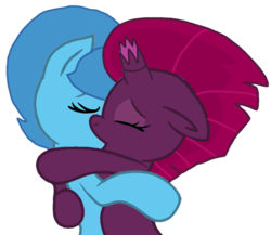 Size: 1170x1017 | Tagged: safe, alternate version, artist:徐詩珮, fizzlepop berrytwist, spring rain, tempest shadow, pony, unicorn, g4, background removed, base used, broken horn, duo, eyes closed, female, horn, hug, kiss on the lips, kissing, lesbian, mare, ship:springshadow, shipping, simple background, transparent background