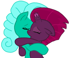 Size: 1318x1080 | Tagged: safe, alternate version, artist:徐詩珮, fizzlepop berrytwist, glitter drops, tempest shadow, pony, unicorn, g4, background removed, base used, broken horn, duo, female, horn, hug, kiss on the lips, kissing, lesbian, mare, ship:glittershadow, shipping, simple background, transparent background