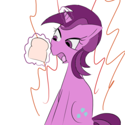 Size: 1000x1000 | Tagged: safe, artist:meme mare, derpibooru exclusive, amethyst star, sparkler, pony, unicorn, g4, angry, bread, female, food, magic, on fire, open mouth, simple background, sitting, solo, yelling, yelling at food