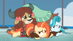 Size: 1920x1080 | Tagged: safe, screencap, lighthoof, shimmy shake, yona, yak, 2 4 6 greaaat, g4, bow, cloven hooves, discovery family logo, female, hair bow, monkey swings, on the floor, trio