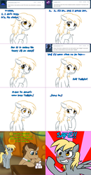 Size: 1562x3008 | Tagged: safe, artist:jitterbugjive, derpy hooves, doctor whooves, time turner, earth pony, pegasus, pony, ask discorded whooves, ask miss twilight sparkle, lovestruck derpy, g4, ask, crossover, doctor who, duo, female, food, foreshadowing, implied twilight sparkle, mare, marshmallow, tardis, tardis console room, tardis control room, teary eyes, the doctor, tumblr