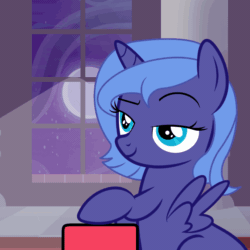 Size: 1440x1440 | Tagged: safe, artist:pizzamovies, derpibooru exclusive, princess luna, alicorn, pony, g4, animated, big red button, blinking, button, canterlot castle, cloud, day night shift, dreamworks face, female, filly, funny, gif, lidded eyes, life death life death, male, mare, moon, new student starfish, night, patrick star, pure unfiltered evil, raised eyebrow, raised hoof, red button, sitting, sky, smiling, smirk, smug, solo, spongebob squarepants, spread wings, stars, this will end in banishment, this will end in tears and/or a journey to the moon, trolluna, window, wings, woona, younger