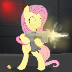 Size: 1000x1000 | Tagged: safe, artist:pizzamovies, derpibooru exclusive, fluttershy, pegasus, pony, g4, animated, badass, bipedal, blushing, bolter, bullet casing, eyes closed, face of mercy, female, flutterbadass, gif, gun, hoof hold, mare, muzzle flash, ponies with guns, purge, shooting, smiling, solo, this will end in death, this will end in tears, this will end in tears and/or death, warhammer (game), warhammer 40k, weapon, who needs trigger fingers