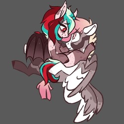 Size: 800x800 | Tagged: safe, artist:crimmharmony, oc, oc only, oc:bloodstone, oc:dazzle streak, bat pony, pegasus, pony, bat pony oc, bat wings, bedroom eyes, blaze (coat marking), body freckles, coat markings, colored wings, couple, double wings, duo, ear freckles, ear tufts, facial markings, female, freckles, gray background, looking at each other, male, mare, multicolored hair, multicolored wings, multiple wings, simple background, sitting, sitting on lap, socks (coat markings), spread wings, stallion, straight, wing freckles, wings