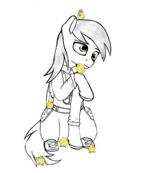 Size: 1384x1608 | Tagged: safe, artist:s.l.guinefort, derpy hooves, bird, chicken, g4, clothes, lineart, simple background, sketch