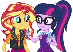 Size: 2048x1466 | Tagged: safe, edit, edited screencap, editor:larryboyfan1996, screencap, sci-twi, sunset shimmer, twilight sparkle, equestria girls, g4, my little pony equestria girls: choose your own ending, tip toppings, geode of empathy, geode of telekinesis, glasses, magical geodes, notebook, pen, ponytail, smiling