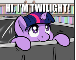 Size: 625x489 | Tagged: safe, artist:muffinshire, edit, twilight sparkle, pony, unicorn, comic:twilight's first day, g4, bookshelf, caption, cropped, cute, female, filly, filly twilight sparkle, hi, image macro, library, solo, text, twiabetes, younger