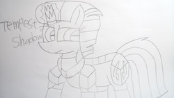 Size: 5312x2992 | Tagged: safe, artist:徐詩珮, tempest shadow, pony, unicorn, g4, my little pony: the movie, armor, broken horn, female, horn, lineart, mare, traditional art