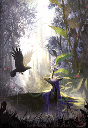 Size: 1015x1476 | Tagged: safe, artist:begasus, nightmare moon, alicorn, bird, crow, pony, raven (bird), g4, rain, tree