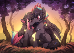 Size: 1280x915 | Tagged: safe, artist:hioshiru, oc, oc only, oc:ayaka, oc:masashi, pegasus, pony, alternate design, backlighting, bedroom eyes, blushing, body freckles, chest fluff, clearing, coat markings, colored ears, colored hooves, colored wings, colored wingtips, couple, duo, ear fluff, eye contact, female, fluffy, forest, freckles, grass, hug, kiss on the lips, kissing, looking at each other, male, mare, multicolored hair, multicolored wings, outdoors, partially open wings, pegasus oc, ponified, rainbow tail, sitting, size difference, slender, socks (coat markings), sparkles, species swap, spread wings, stallion, straight, striped tail, sunset, surprised, tail, thin, tree, two toned wings, winghug, wings