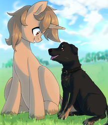 Size: 2348x2724 | Tagged: safe, artist:tigra0118, oc, oc:foxhound, dog, pony, unicorn, art, high res, looking at each other, male, pet, ych result