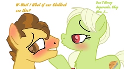 Size: 1200x668 | Tagged: safe, artist:redstreakboy, grand pear, granny smith, pony, g4, base used, blushing, blushing profusely, chest fluff, dialogue, ear blush, ship:pearsmith, shipping, young grand pear, young granny smith, younger