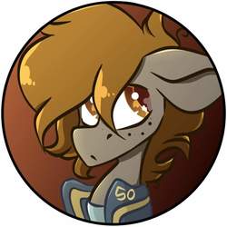 Size: 894x894 | Tagged: safe, artist:crimmharmony, oc, oc only, oc:stitched laces, earth pony, pony, fallout equestria, brown eyes, bust, clothes, freckles, jumpsuit, looking up, male, not littlepip, simple background, solo, stallion, vault suit