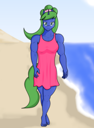 Size: 697x948 | Tagged: safe, artist:matchstickman, oc, oc only, oc:aqua maiden, unicorn, anthro, plantigrade anthro, anthro oc, barefoot, beach, biceps, breasts, clothes, deltoids, dress, feet, female, looking at you, mare, muscles, muscular female, one-piece swimsuit, solo, swimsuit